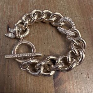Victoria's Secret Gold Chunky Chain Link Toggle Bracelet Crystals 8 in